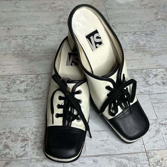 Vintage 90’s Magma Pale Green Black Saddle Mules 3.5” Heel Size 6m - Picture 6 of 11